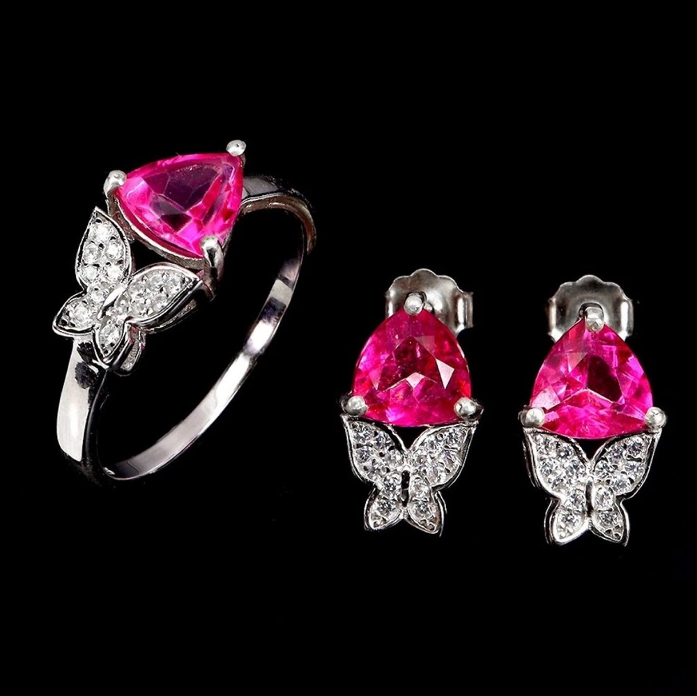 Elegant Genuine Pink Topaz Trillion Butterfly Ring & Earring set in SS Ring sz 9